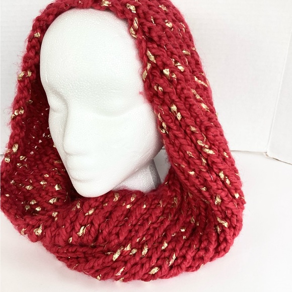 Cowl Scarf Hooded Chunky Infinity Hand Crafted Red Gold Knit Winter Essential - Picture 5 of 16